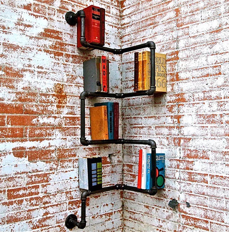 Industrial Corner Pipe Shelf, creative bookshelves design ideas, simple bookshelf design, bookshelf designs for small room, bookshelf ideas for small rooms, space saving bookshelves, bookshelf designs for home, bookshelves for small bedrooms, creative shelving for small spaces, modern bookshelf designs, wall mounted book rack, bookcase plans with doors