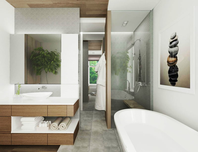 Introduce greenery between bathroom vanities and tub to feel nature close to you,