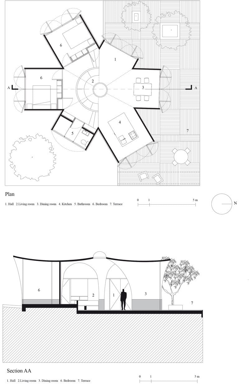 parabolic vaulted ceiling house design plan,