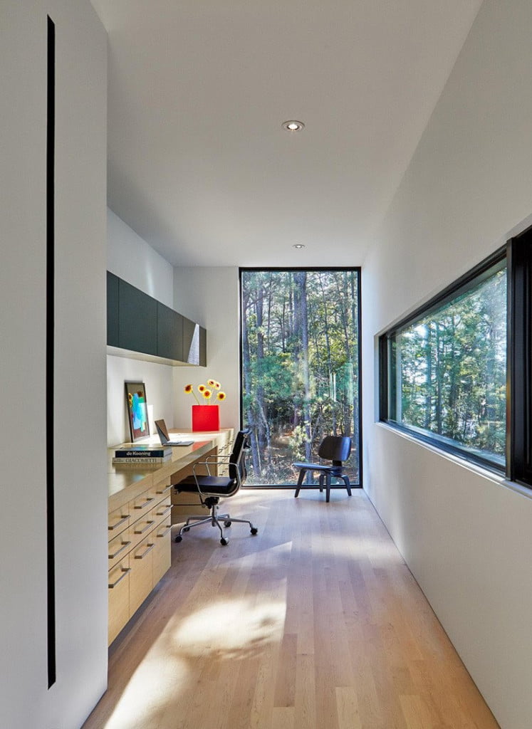 forest green view from the study area of contemporary home