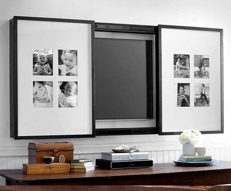 tv shelf design behind picture frames
