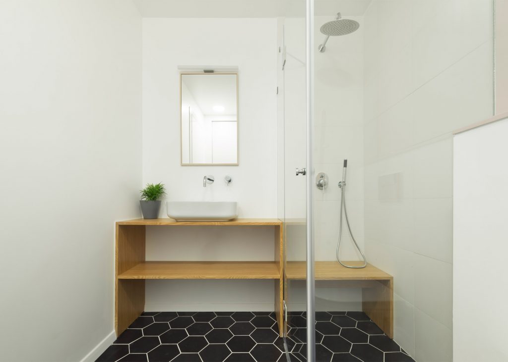 Black and White Bathroom with shower Cube for apartment interior design.
