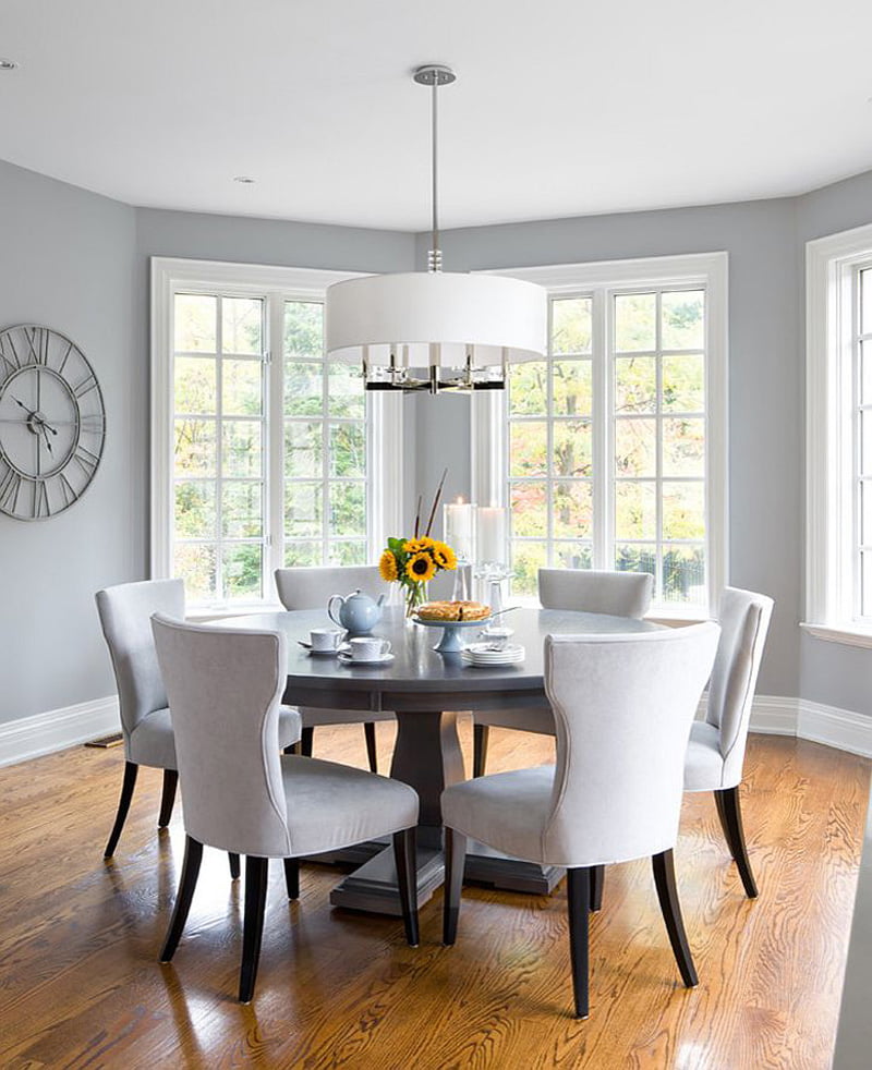 contemporary dining room with grey walls,